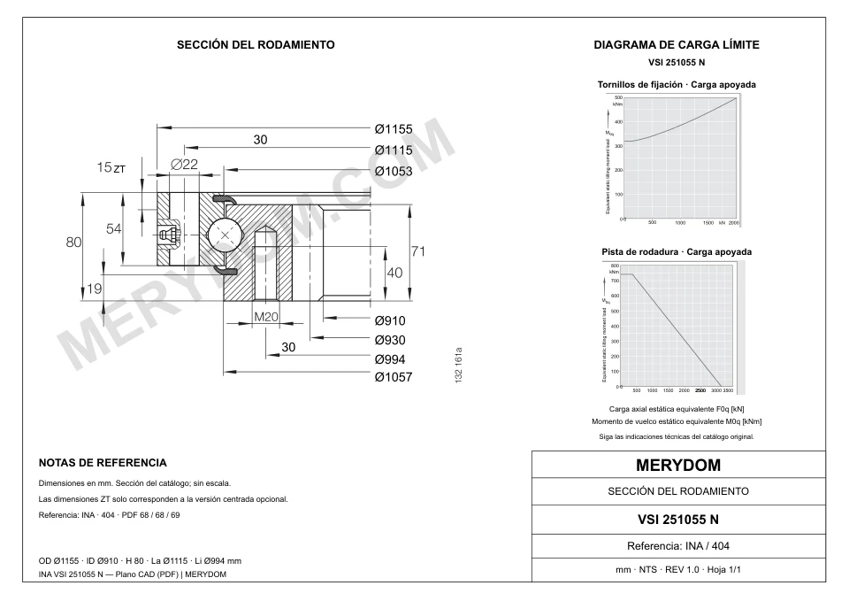 Plano CAD de la corona de giro de sustitución MERYDOM para INA VSI 251055 N, con dimensiones y orificios de montaje.
