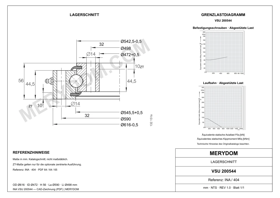 CAD-Zeichnung des MERYDOM-Ersatzdrehkranzes für INA VSU 200544 mit Abmessungen und Befestigungsbohrungen.