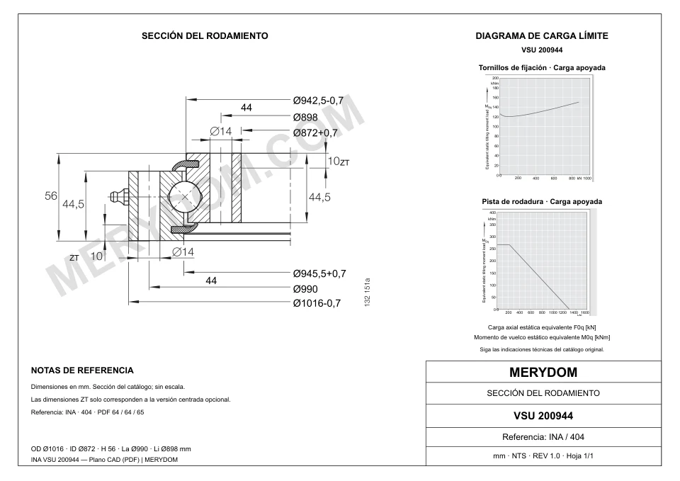 Plano CAD de la corona de giro de sustitución MERYDOM para INA VSU 200944, con dimensiones y orificios de montaje.