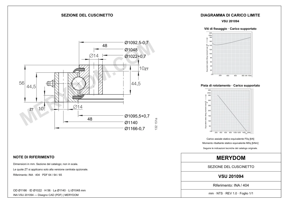 Disegno CAD del cuscinetto di rotazione sostitutivo MERYDOM per INA VSU 201094, con dimensioni e fori di montaggio.