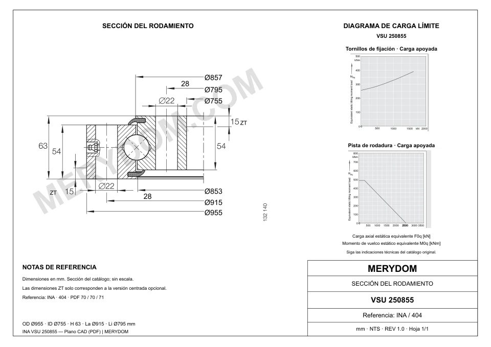 Plano CAD de la corona de giro de sustitución MERYDOM para INA VSU 250855, con dimensiones y orificios de montaje.