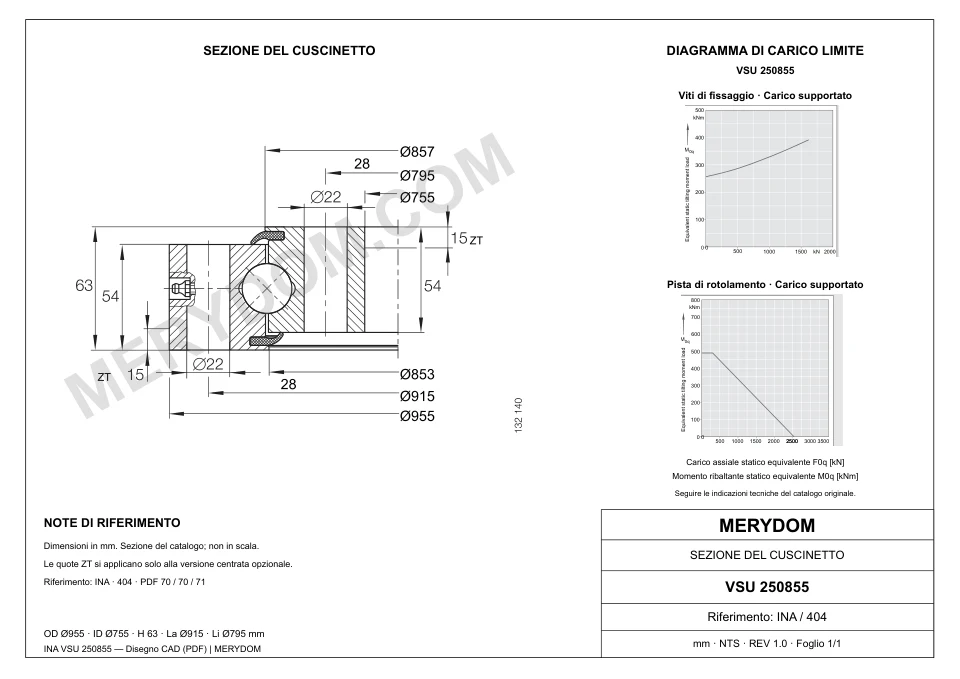 Disegno CAD del cuscinetto di rotazione sostitutivo MERYDOM per INA VSU 250855, con dimensioni e fori di montaggio.