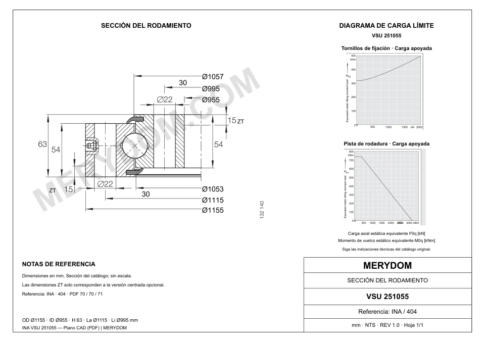 Plano CAD de la corona de giro de sustitución MERYDOM para INA VSU 251055, con dimensiones y orificios de montaje.