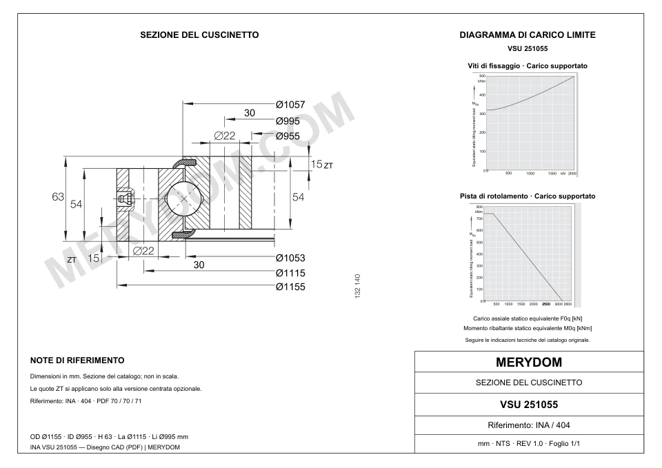 Disegno CAD del cuscinetto di rotazione sostitutivo MERYDOM per INA VSU 251055, con dimensioni e fori di montaggio.