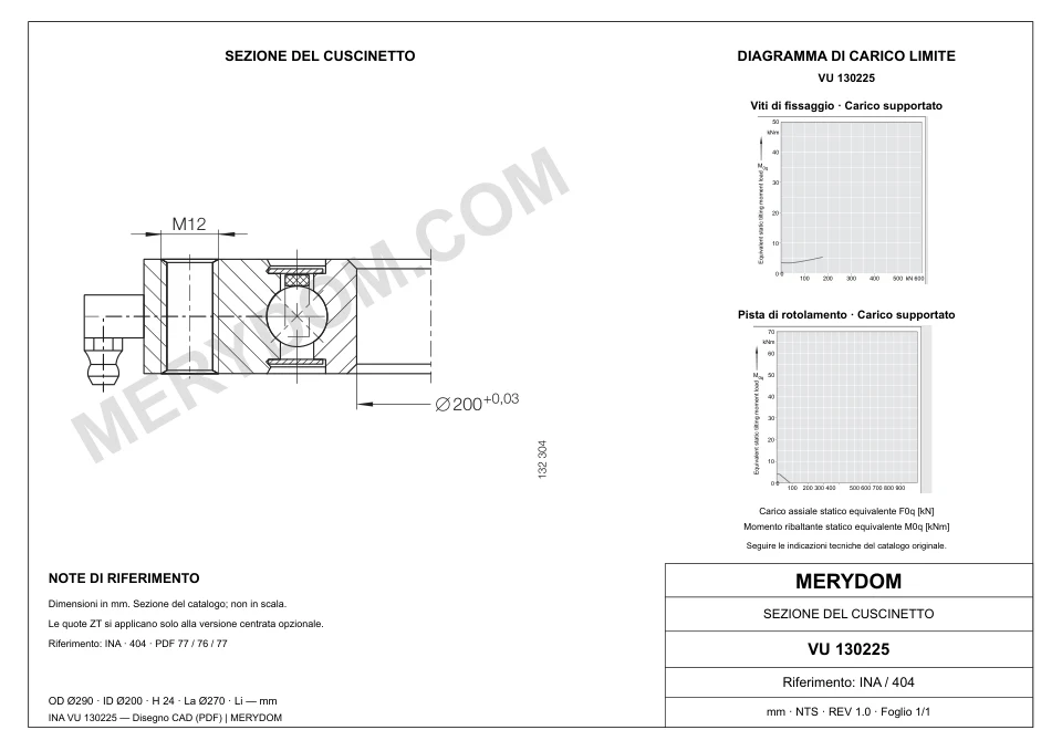 Disegno CAD del cuscinetto di rotazione sostitutivo MERYDOM per INA VU 130225, con dimensioni e fori di montaggio.