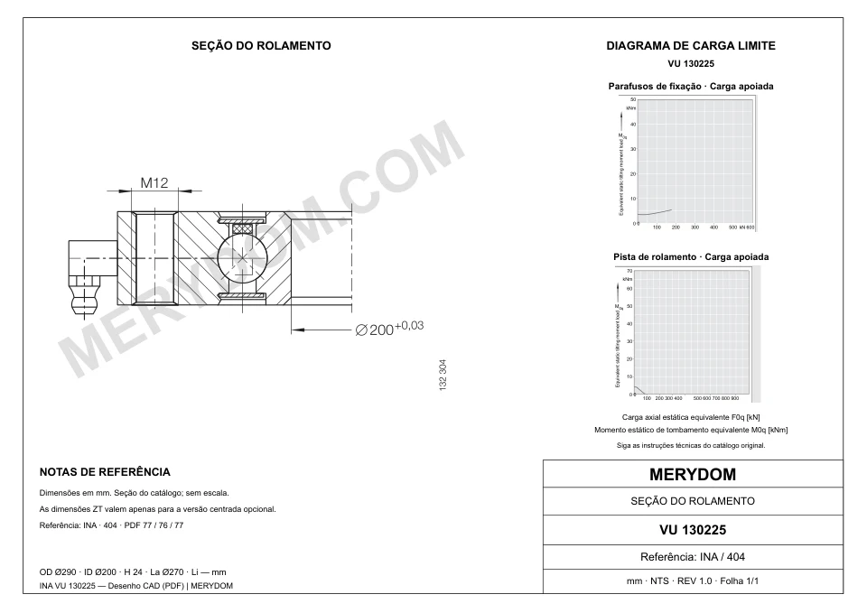 Desenho CAD do rolamento de giro de substituição MERYDOM para INA VU 130225, com dimensões e furos de montagem.
