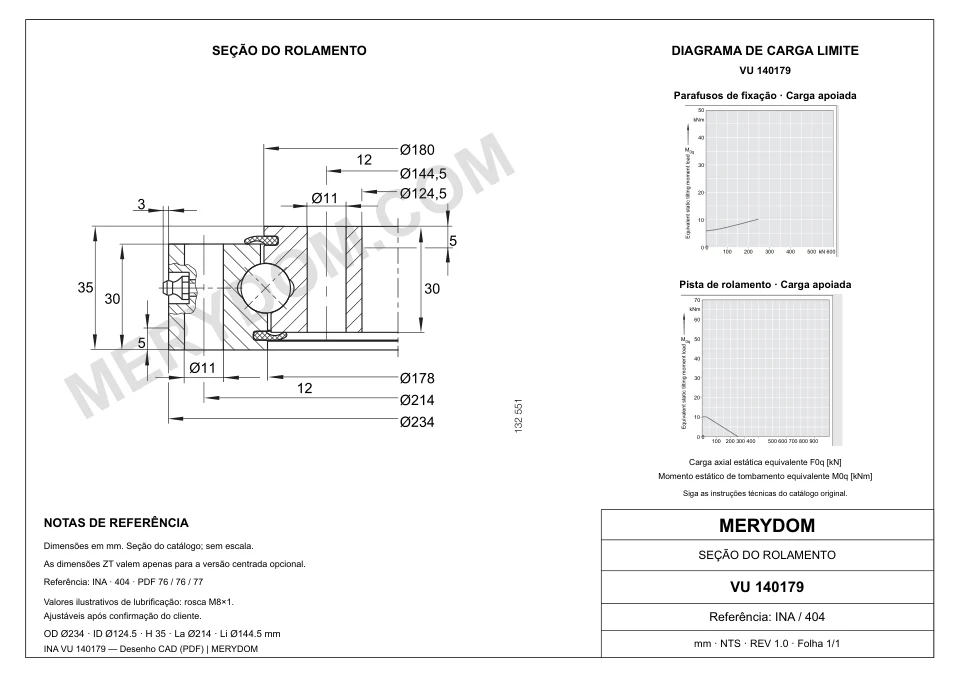 Desenho CAD do rolamento de giro de substituição MERYDOM para INA VU 140179, com dimensões e furos de montagem.