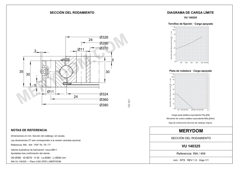 Plano CAD de la corona de giro de sustitución MERYDOM para INA VU 140325, con dimensiones y orificios de montaje.