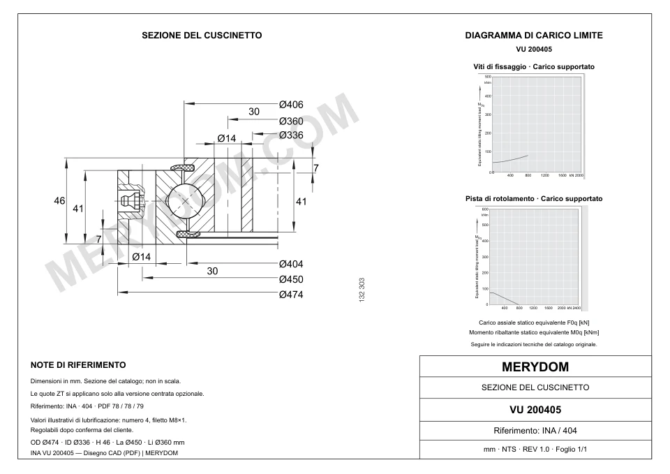 Disegno CAD del cuscinetto di rotazione sostitutivo MERYDOM per INA VU 200405, con dimensioni e fori di montaggio.