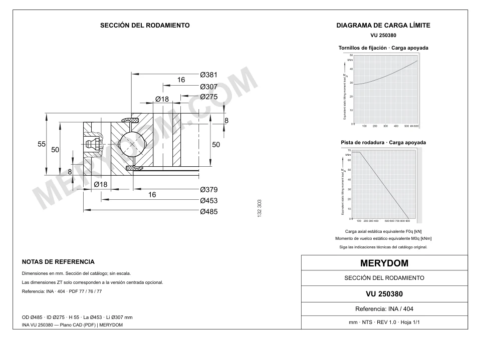 Plano CAD de la corona de giro de sustitución MERYDOM para INA VU 250380, con dimensiones y orificios de montaje.
