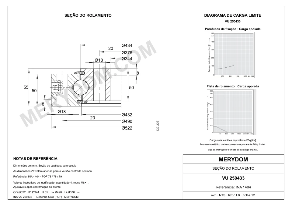 Desenho CAD do rolamento de giro de substituição MERYDOM para INA VU 250433, com dimensões e furos de montagem.