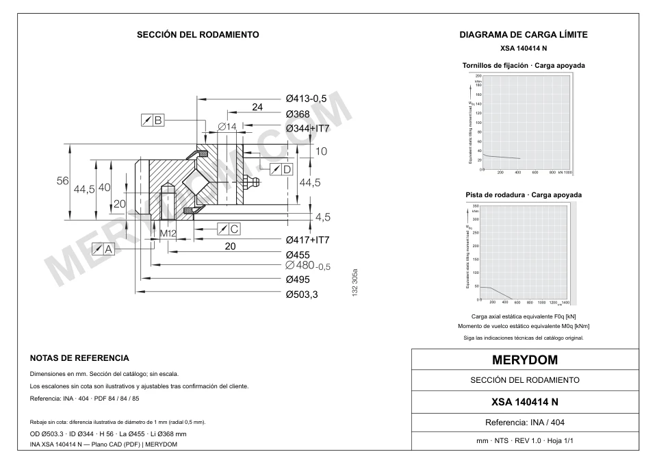 Plano CAD de la corona de giro de sustitución MERYDOM para INA XSA 140414 N, con dimensiones y orificios de montaje.
