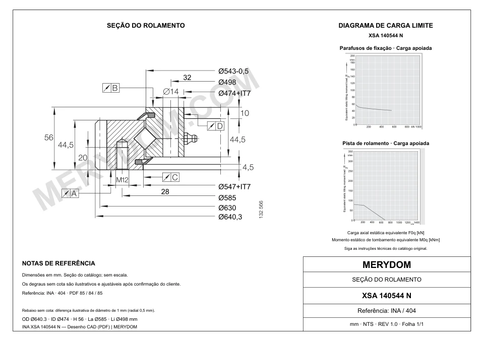 Desenho CAD do rolamento de giro de substituição MERYDOM para INA XSA 140544 N, com dimensões e furos de montagem.
