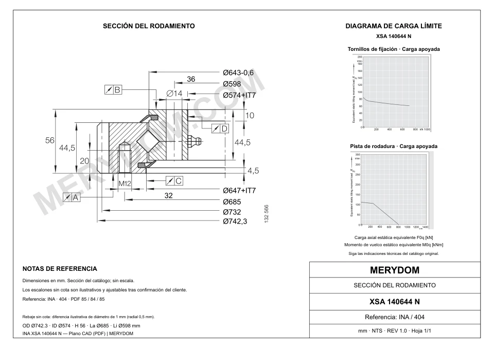 Plano CAD de la corona de giro de sustitución MERYDOM para INA XSA 140644 N, con dimensiones y orificios de montaje.