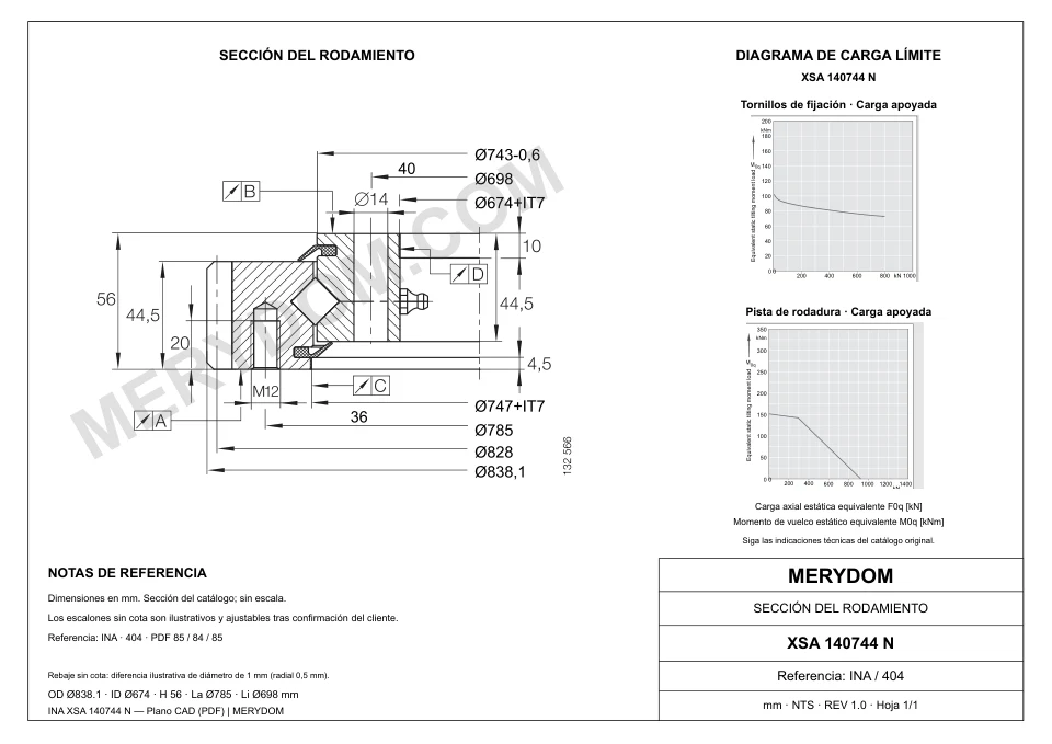 Plano CAD de la corona de giro de sustitución MERYDOM para INA XSA 140744 N, con dimensiones y orificios de montaje.