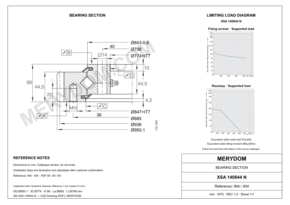 CAD drawing of the MERYDOM replacement slewing bearing for INA XSA 140844 N, showing dimensions and mounting holes.