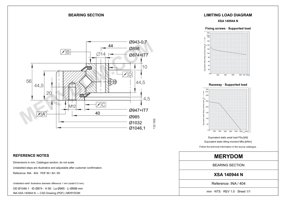 CAD drawing of the MERYDOM replacement slewing bearing for INA XSA 140944 N, showing dimensions and mounting holes.