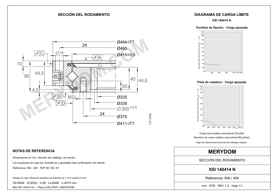 Plano CAD de la corona de giro de sustitución MERYDOM para INA XSI 140414 N, con dimensiones y orificios de montaje.