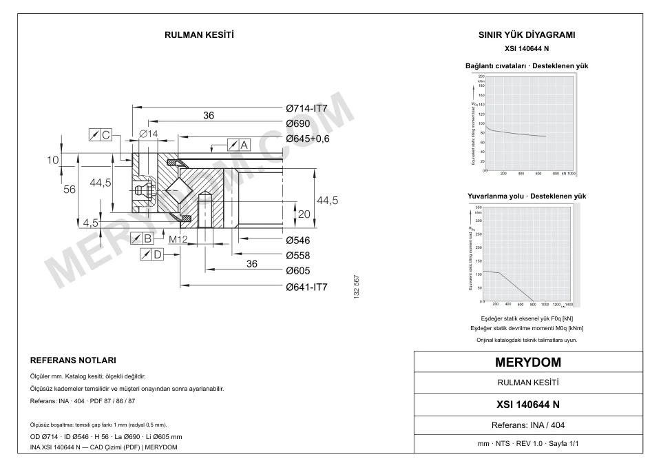 INA XSI 140644 N için MERYDOM muadil döner tabla rulmanının ölçüleri ve montaj deliklerini gösteren CAD çizimi.