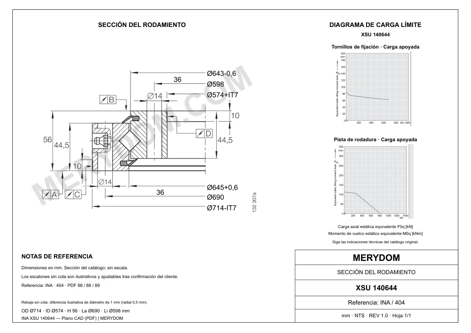 Plano CAD de la corona de giro de sustitución MERYDOM para INA XSU 140644, con dimensiones y orificios de montaje.