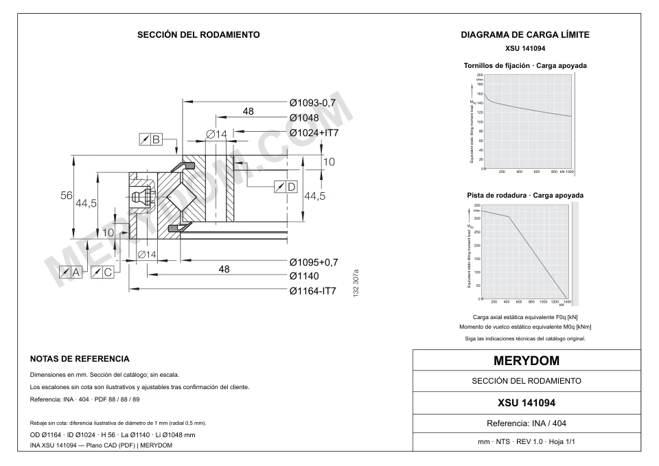 Plano CAD de la corona de giro de sustitución MERYDOM para INA XSU 141094, con dimensiones y orificios de montaje.