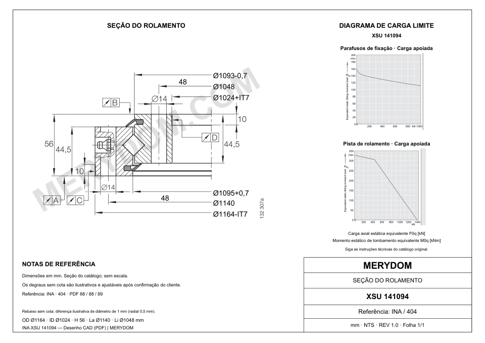 Desenho CAD do rolamento de giro de substituição MERYDOM para INA XSU 141094, com dimensões e furos de montagem.