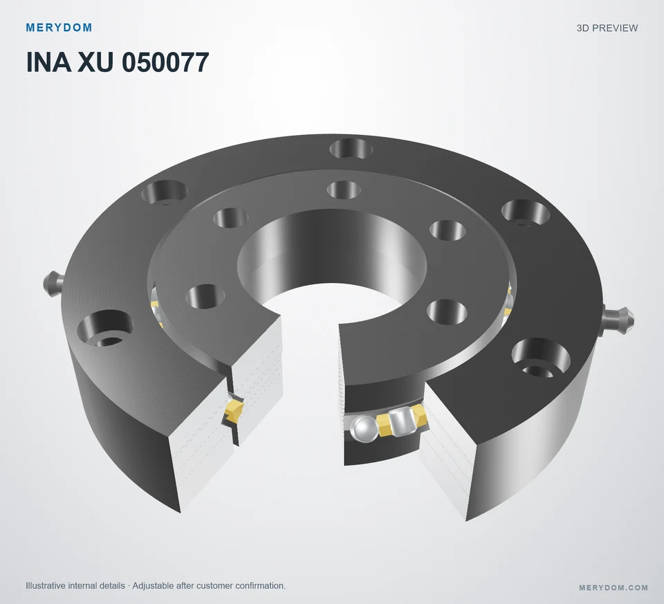 3D model preview of the MERYDOM replacement slewing bearing for INA XU 050077.