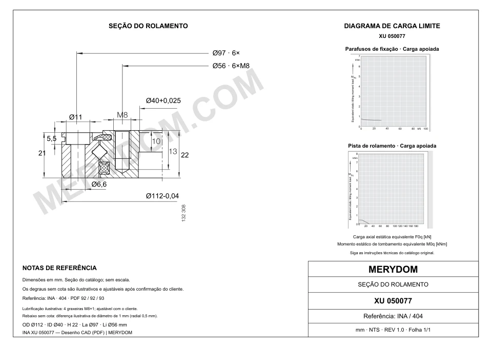 Desenho CAD do rolamento de giro de substituição MERYDOM para INA XU 050077, com dimensões e furos de montagem.