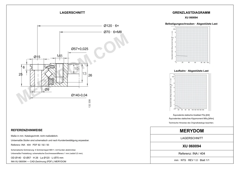 CAD-Zeichnung des MERYDOM-Ersatzdrehkranzes für INA XU 060094 mit Abmessungen und Befestigungsbohrungen.