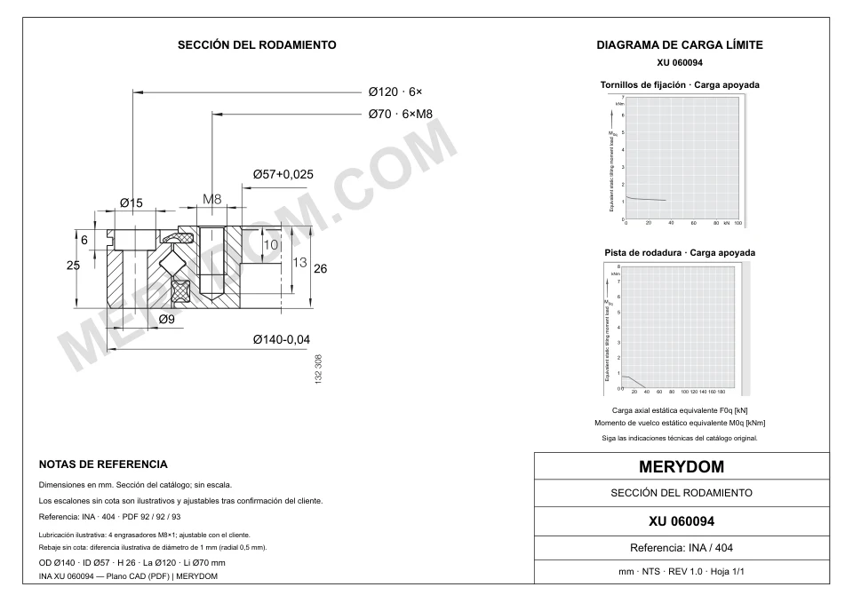 Plano CAD de la corona de giro de sustitución MERYDOM para INA XU 060094, con dimensiones y orificios de montaje.