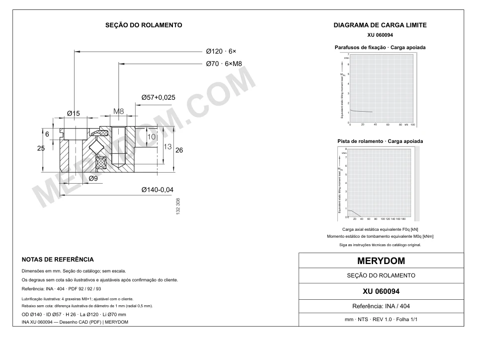 Desenho CAD do rolamento de giro de substituição MERYDOM para INA XU 060094, com dimensões e furos de montagem.