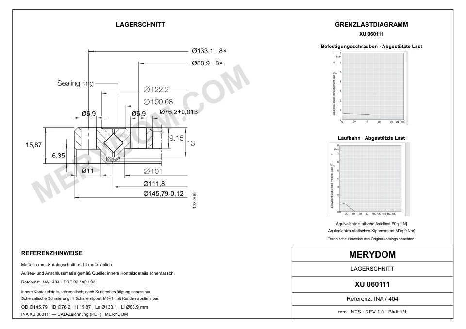 CAD-Zeichnung des MERYDOM-Ersatzdrehkranzes für INA XU 060111 mit Abmessungen und Befestigungsbohrungen.