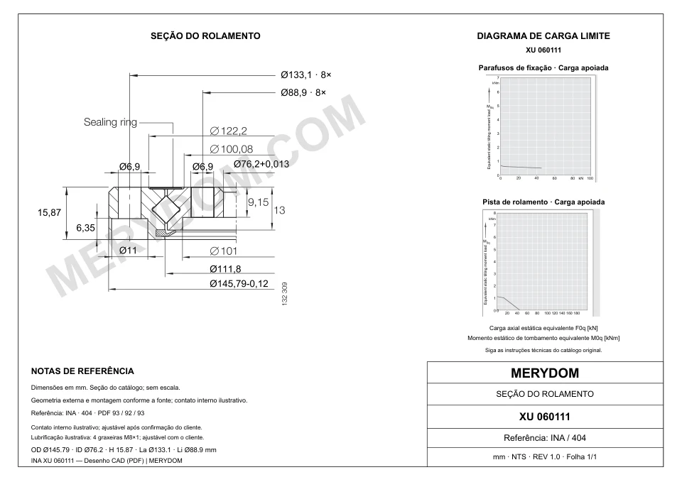 Desenho CAD do rolamento de giro de substituição MERYDOM para INA XU 060111, com dimensões e furos de montagem.