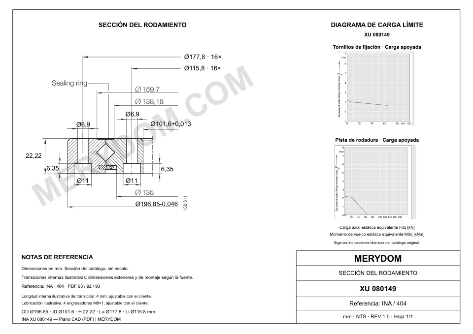 Plano CAD de la corona de giro de sustitución MERYDOM para INA XU 080149, con dimensiones y orificios de montaje.