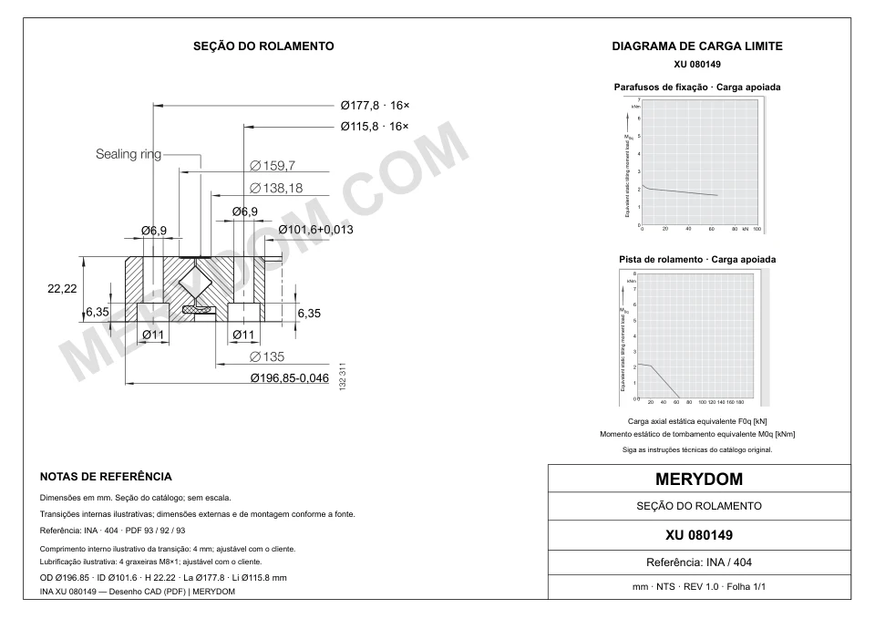 Desenho CAD do rolamento de giro de substituição MERYDOM para INA XU 080149, com dimensões e furos de montagem.