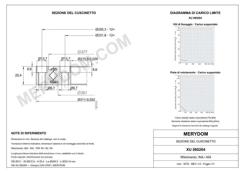 Disegno CAD del cuscinetto di rotazione sostitutivo MERYDOM per INA XU 080264, con dimensioni e fori di montaggio.