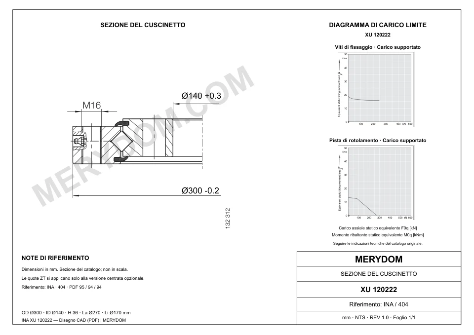 Disegno CAD del cuscinetto di rotazione sostitutivo MERYDOM per INA XU 120222, con dimensioni e fori di montaggio.