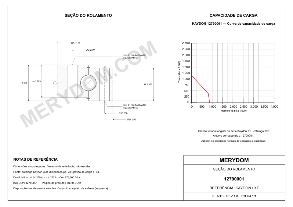 Desenho CAD do rolamento de giro de substituição MERYDOM para KAYDON 12790001, com dimensões e furos de montagem.
