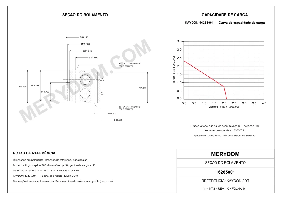 Desenho CAD do rolamento de giro de substituição MERYDOM para KAYDON 16265001, com dimensões e furos de montagem.