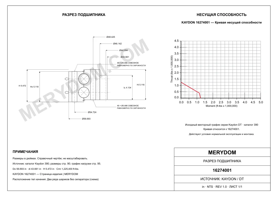 CAD-чертёж опорно-поворотного устройства MERYDOM для замены KAYDON 16274001 с размерами и монтажными отверстиями.