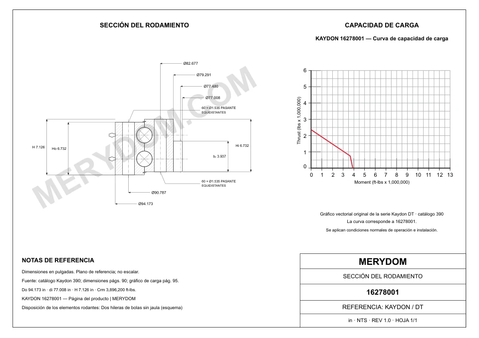 Plano CAD de la corona de giro de sustitución MERYDOM para KAYDON 16278001, con dimensiones y orificios de montaje.