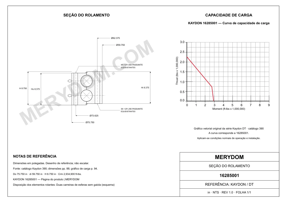 Desenho CAD do rolamento de giro de substituição MERYDOM para KAYDON 16285001, com dimensões e furos de montagem.