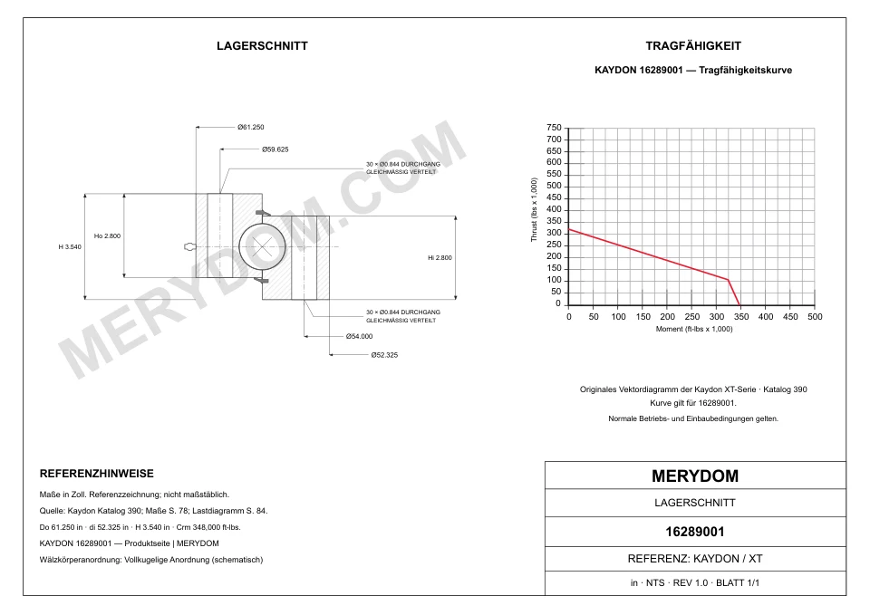 CAD-Zeichnung des MERYDOM-Ersatzdrehkranzes für KAYDON 16289001 mit Abmessungen und Befestigungsbohrungen.