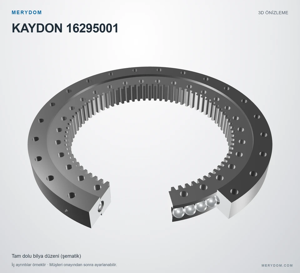 KAYDON 16295001 için MERYDOM muadil döner tabla rulmanının 3D model önizlemesi.