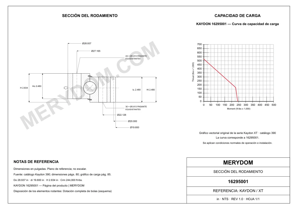 Plano CAD de la corona de giro de sustitución MERYDOM para KAYDON 16295001, con dimensiones y orificios de montaje.