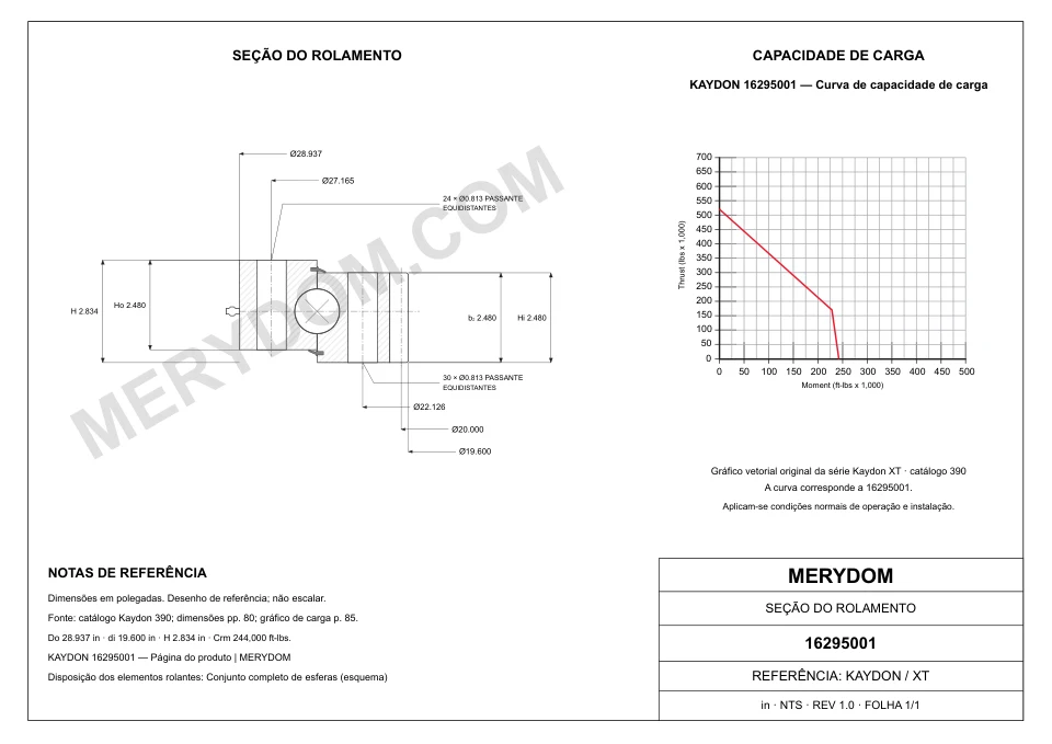 Desenho CAD do rolamento de giro de substituição MERYDOM para KAYDON 16295001, com dimensões e furos de montagem.