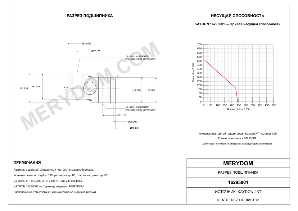 CAD-чертёж опорно-поворотного устройства MERYDOM для замены KAYDON 16295001 с размерами и монтажными отверстиями.