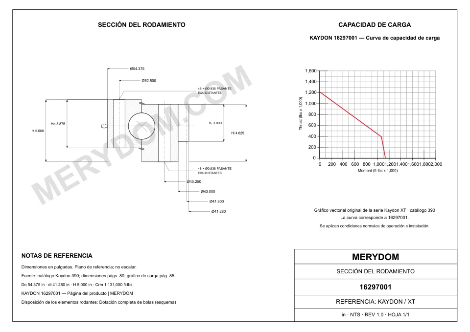 Plano CAD de la corona de giro de sustitución MERYDOM para KAYDON 16297001, con dimensiones y orificios de montaje.