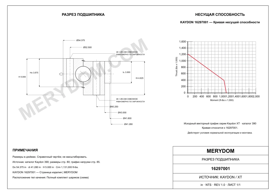 CAD-чертёж опорно-поворотного устройства MERYDOM для замены KAYDON 16297001 с размерами и монтажными отверстиями.