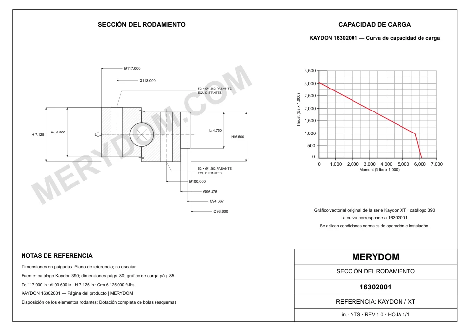 Plano CAD de la corona de giro de sustitución MERYDOM para KAYDON 16302001, con dimensiones y orificios de montaje.